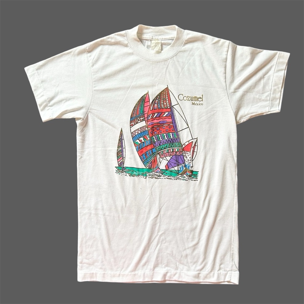 Vintage 90s Single Stitch Cozumel Mexico Sailboat Short Sleeve White Small